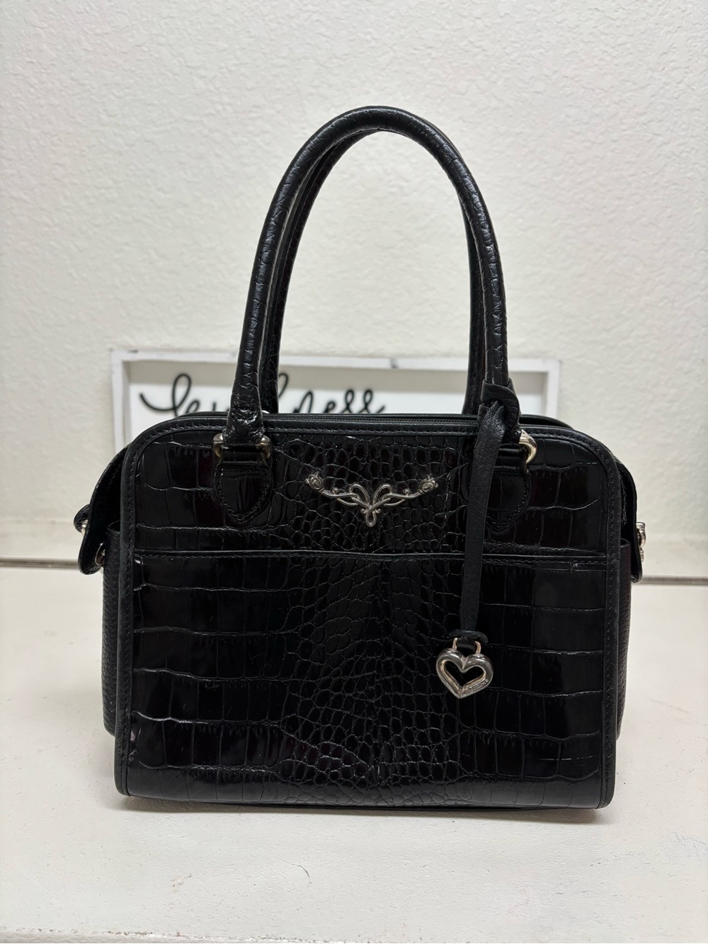 Brighton Black Croc-Embossed Satchel with Heart Charm